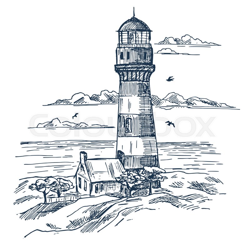 800x800 Sketch Of Lighthouse Near Worker House Or Building With Trees - Lighthouse Sketch