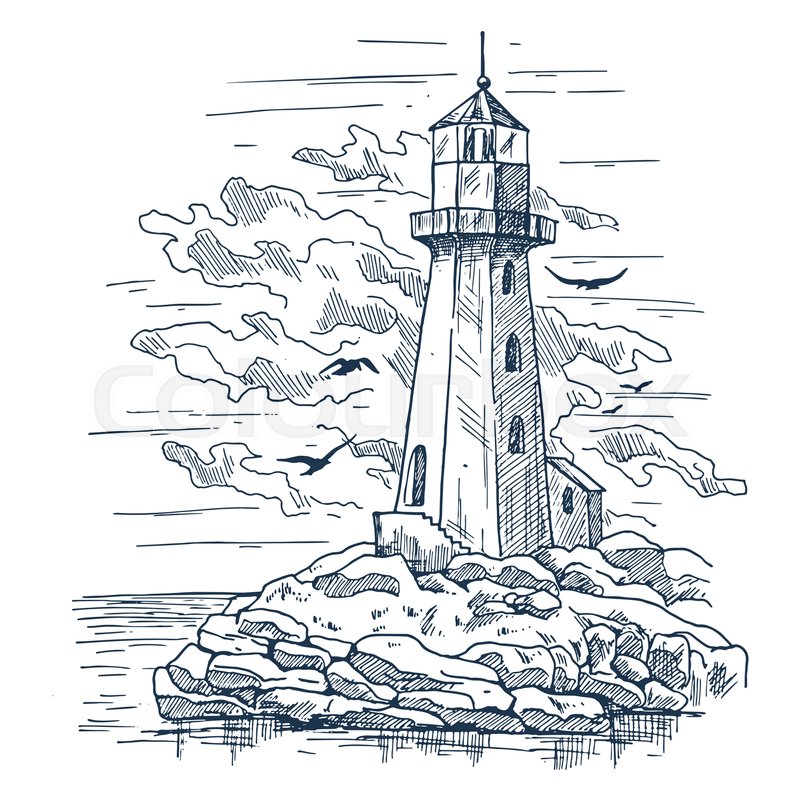 800x800 Island With Rocks And Lighthouse Sketch, Birds Near Clouds. Island - Lighthouse Sketch Images