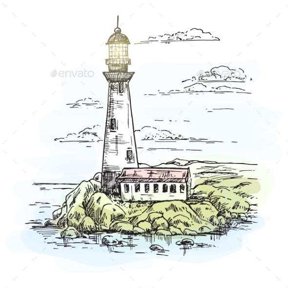 590x590 Lighthouse On Island With Rocks Sketch By Cookamoto Graphicriver - Lighthouse Sketch Images