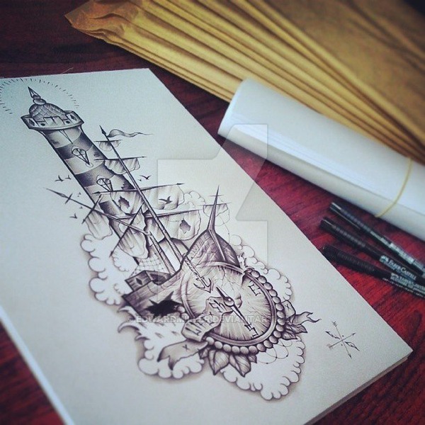 600x600 Lighthouse Boat Compass By Edwardmiller - Lighthouse Tattoo Sketch