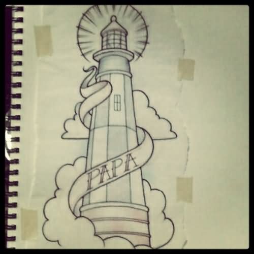 500x500 Papa Banner And Lighthouse Tattoo Design - Lighthouse Tattoo Sketch