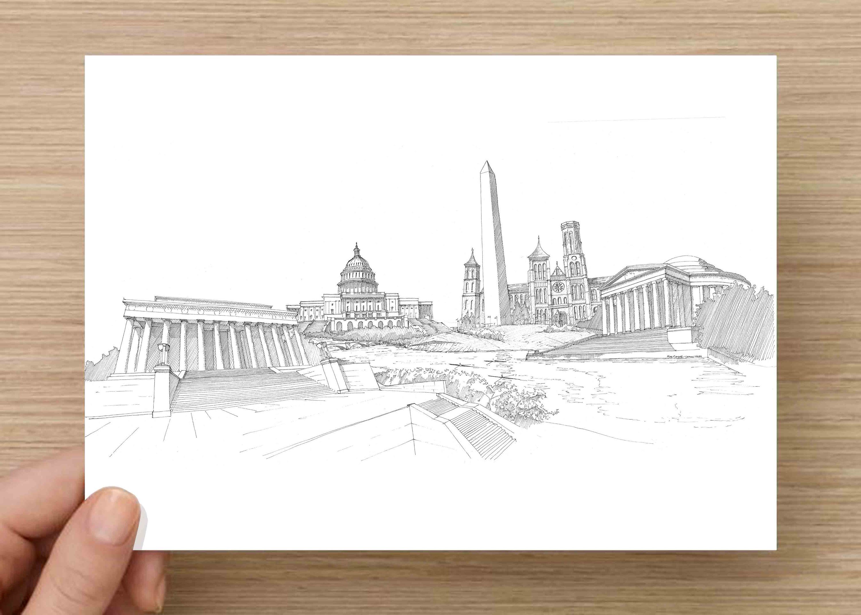 3000x2143 Pen And Ink Sketch Of Washington Dc Monuments - Lincoln Memorial Sketch
