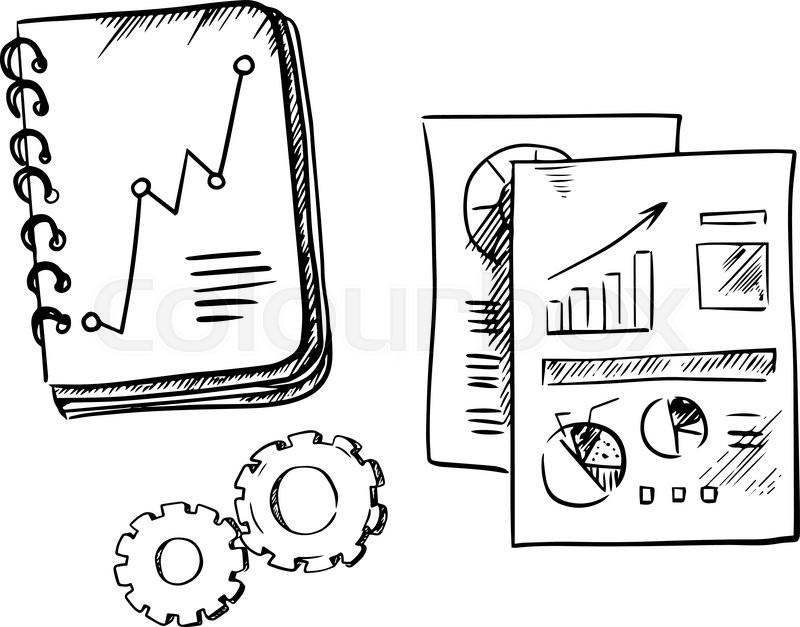 800x627 Business Notebook, Reports And Gears Show Notes And Paper Sheets - Line Graph Sketch