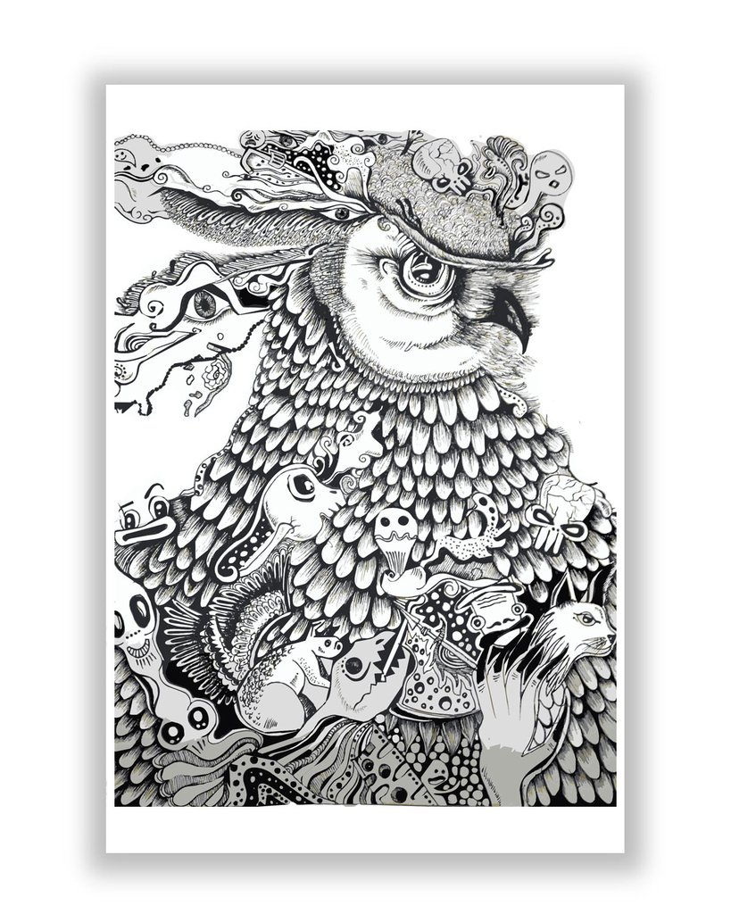 819x1024 Art Posters Online India Line Art Doodle Owl Digital Sketch - Line Sketch