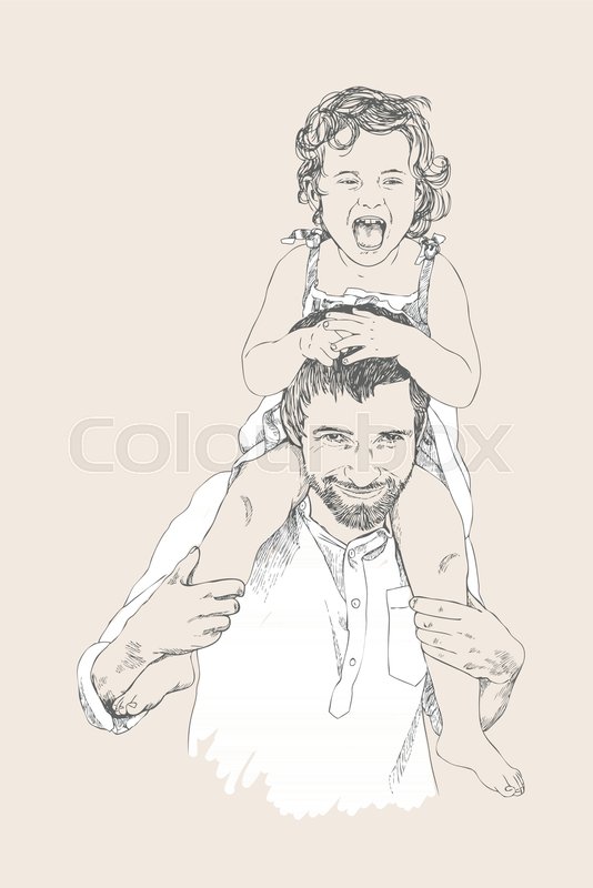 534x800 Hand Drawing Linear Sketch Of Father Holds A Small Daughter On His - Linear Sketch