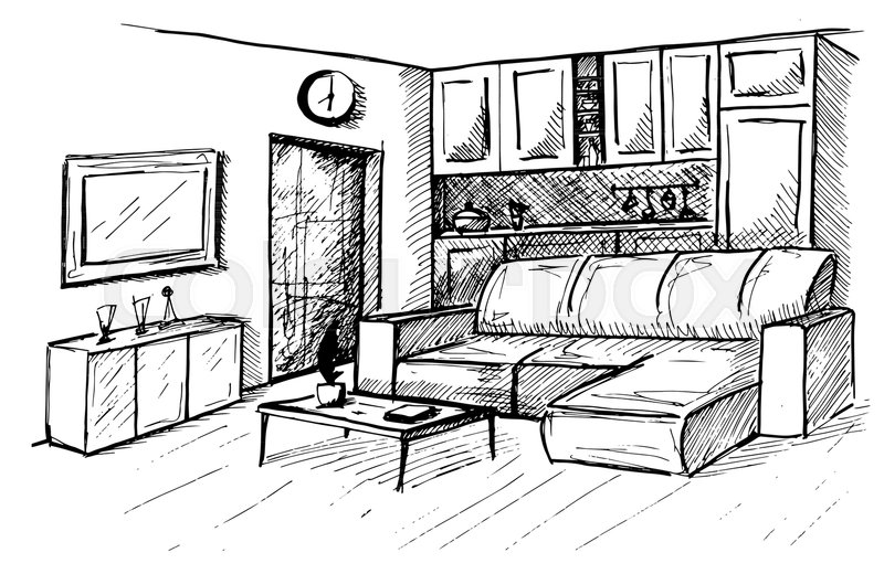 800x520 Hand Drawn. Linear Sketch Of An Interior. Room Plan. Vector - Linear Sketch