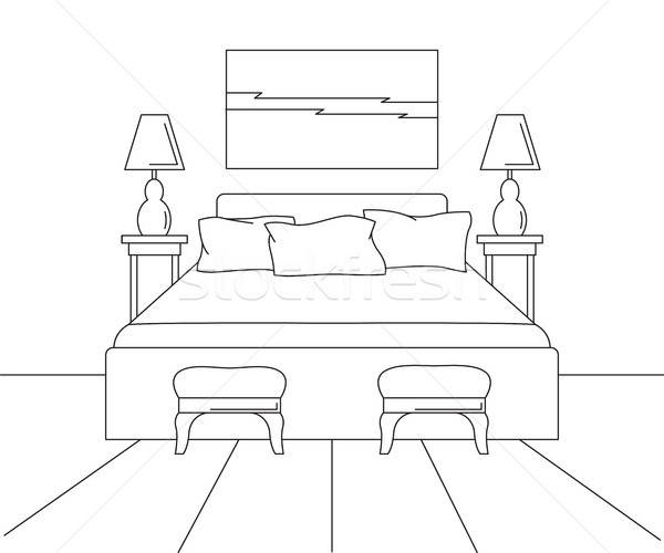 600x500 Linear Sketch Of An Interior. Sketch Line Bedrooms. Bed, Two - Linear Sketch