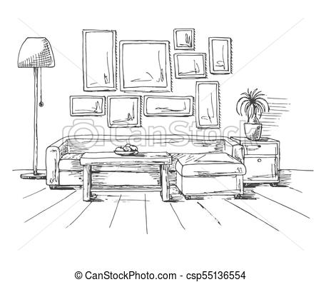 450x395 Linear Sketch Of An Interior. Hand Drawn Vector Illustration Of A - Linear Sketch