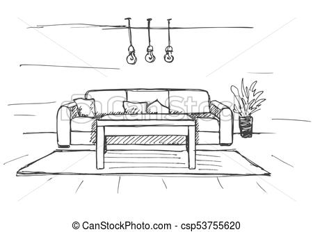 450x334 Linear Sketch Of An Interior. Room Plan. Vector Illustration - Linear Sketch