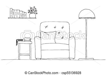 450x319 Linear Sketch Of An Interior. Room Plan. Vector Illustration. - Linear Sketch