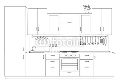 400x283 Architectural Linear Sketch Interior Small Kitchen Front View - Linear Sketch
