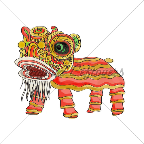 500x500 Chinese Lion Dance Watercolor Gl Stock Images - Lion Dance Sketch