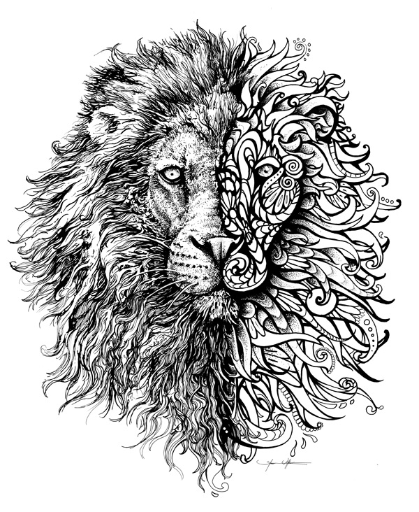 600x732 Shawn Wilken Lion Head And Half Henna Art - Lion Head Sketch