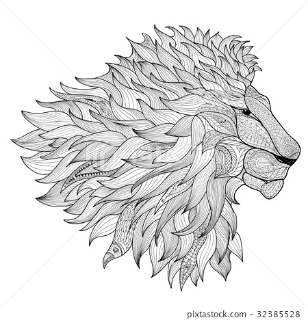 450x468 Lion Face King Animal Profile Patterned Line Drawn - Lion Profile Sketch