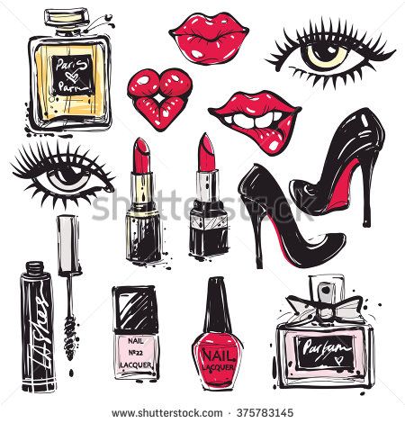 450x470 Big Vector Fashion Sketch Set. Hand Drawn Graphic Lips, Eye, Heels - Lipstick Sketch