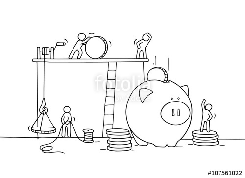 500x363 Sketch Of Save Coins In Moneybox With Working Little People - Little People Sketch