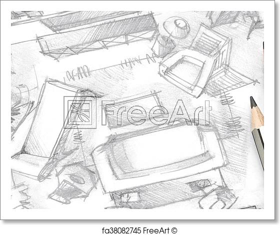 560x470 Free Art Print Of Living Room Freehand Sketch Architectural - Living Room Sketch