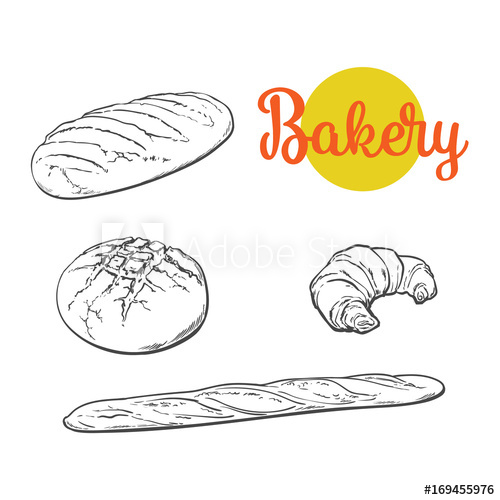 500x500 Vector Sketch Fresh White Loaf Bread, Croissant Set . Detailed - Loaf Of Bread Sketch