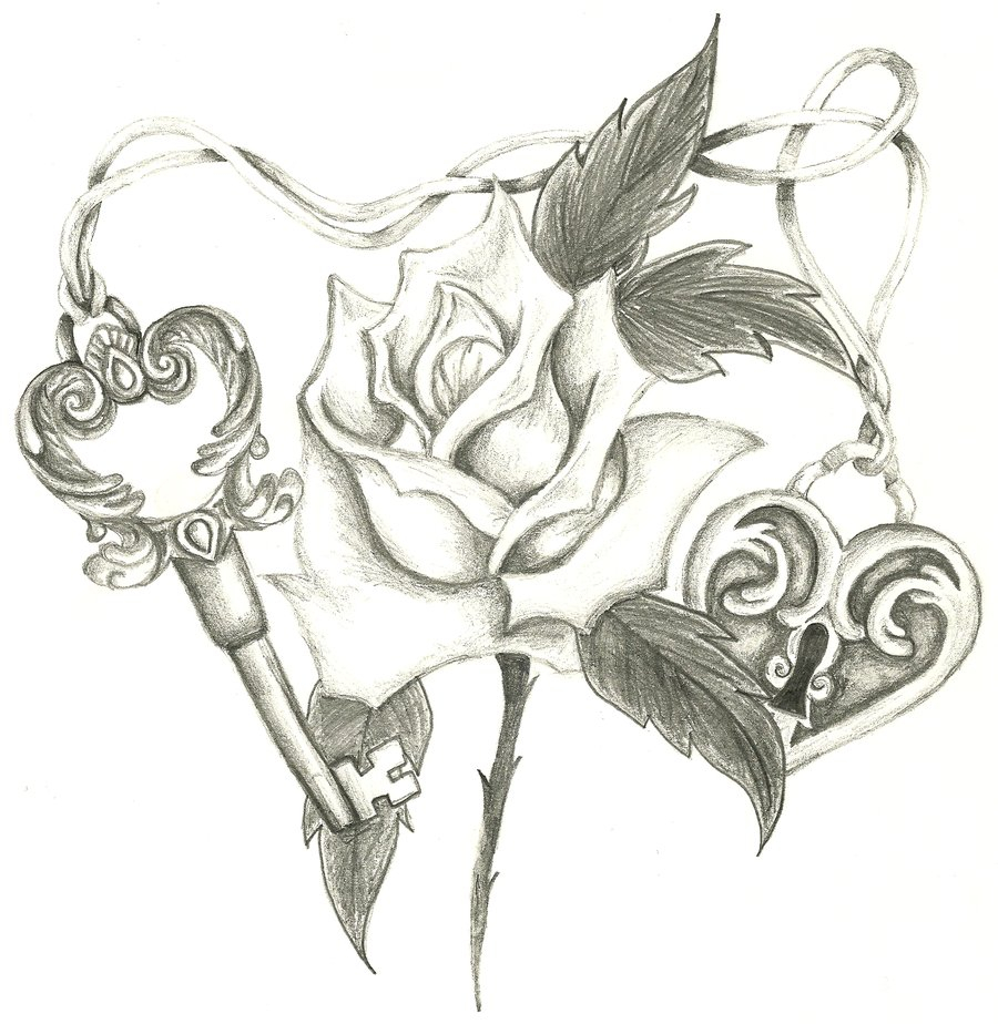 900x924 Sketches Of Hearts And Roses Heart And Roses Tattoo Drawings - Lock And Key Sketch