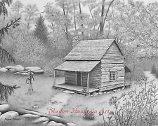 225x180 Mountain Landscape Pencil Drawings Log Cabin Landscape 8x10 Art - Log Cabin Sketch