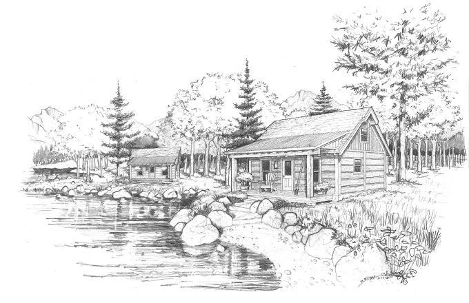 log cabin pencil drawings