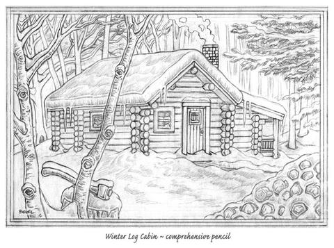 480x357 Winter Log Cabin - Log House Sketch
