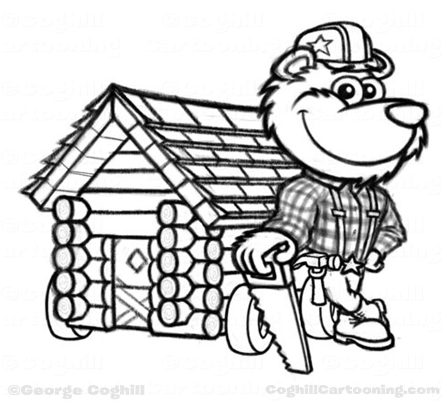 640x581 Lumberjack Bear Amp Log Cabin Cartoon Character Sketch - Log Sketch