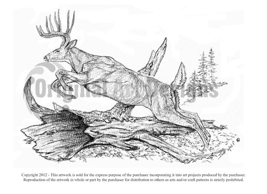 550x400 Whitetail Deer Jumping Original Art Designs - Log Sketch