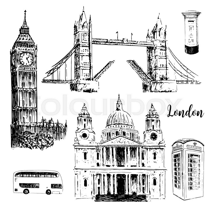 800x800 London Architectural Symbols Big Ben, Tower Bridge, Bus, Mail Box - London Bridge Sketch