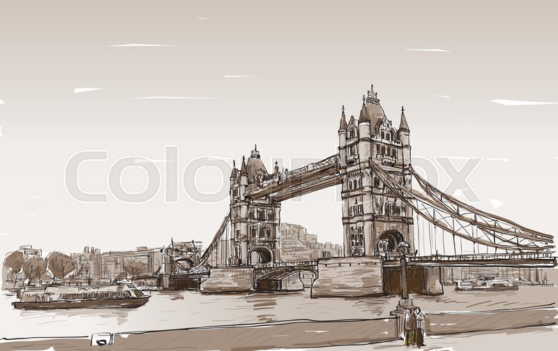800x503 Cityscape Drawing Sketch Tower Bridge, London, England In Sepia - London Bridge Sketch