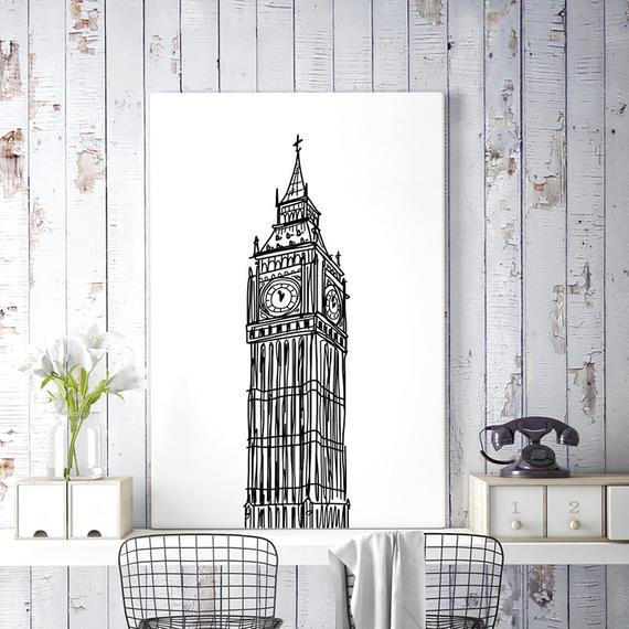 570x570 London Art Big Ben Clock Tower Black And White Sketch Art Etsy - London Clock Tower Sketch