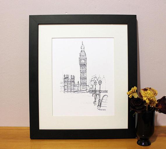 570x511 London Sketch Art Print Big Ben Clock Tower Westminster Etsy - London Clock Tower Sketch