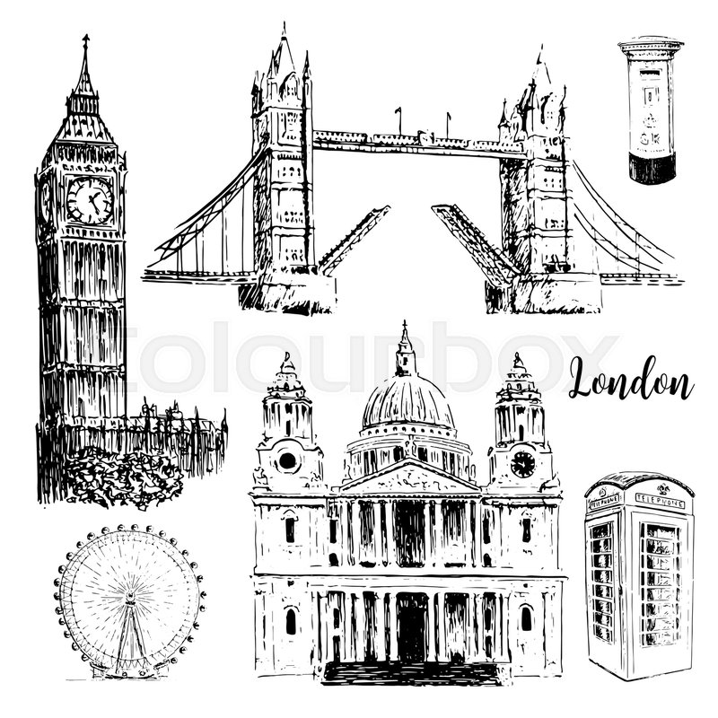 800x800 London Architectural Symbols St. Paul Cathedral, Big Ben And - London Clock Tower Sketch