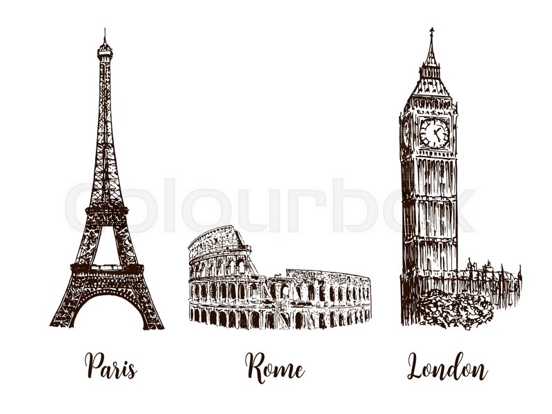 800x600 Paris, London Rome. Set Of European Capitals Symbols. Eiffel Tower - London Clock Tower Sketch