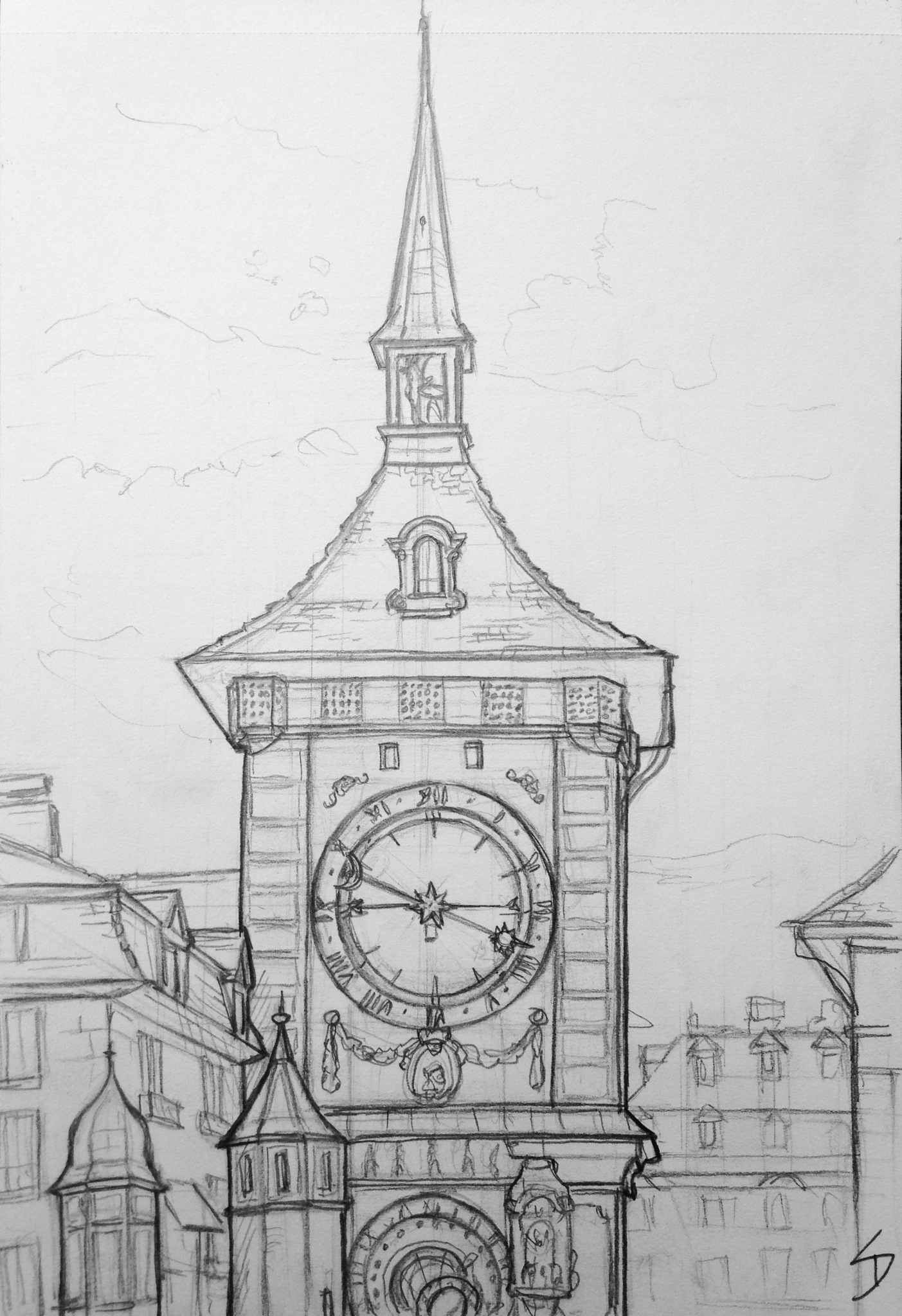 1403x2048 Quick Sketch The Zytglogge Clock Tower, Bern, Switzerland - London Clock Tower Sketch