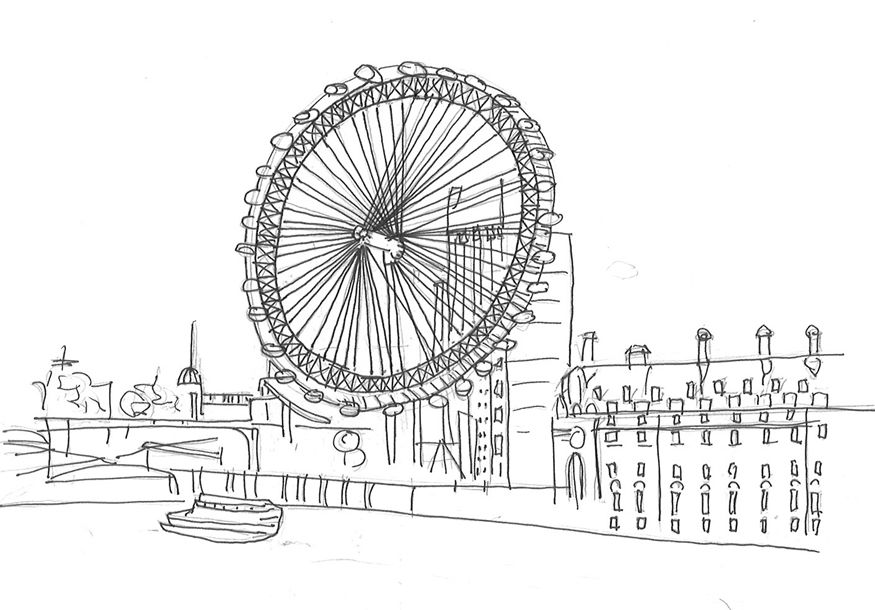 875x610 Pen Sketch London Eye - London Eye Sketch