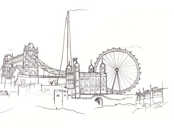 570x448 London Skyline Beautiful Sketch Monochrome Chic City Etsy - London Skyline Sketch