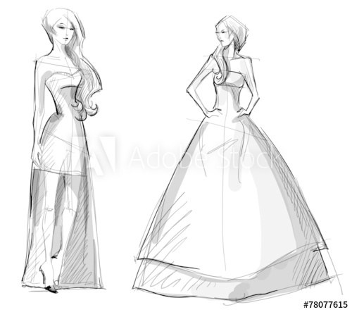 500x443 Fashion Hand Drawn Illustration. Vector Sketch. Long Dress. - Long Dress Sketch