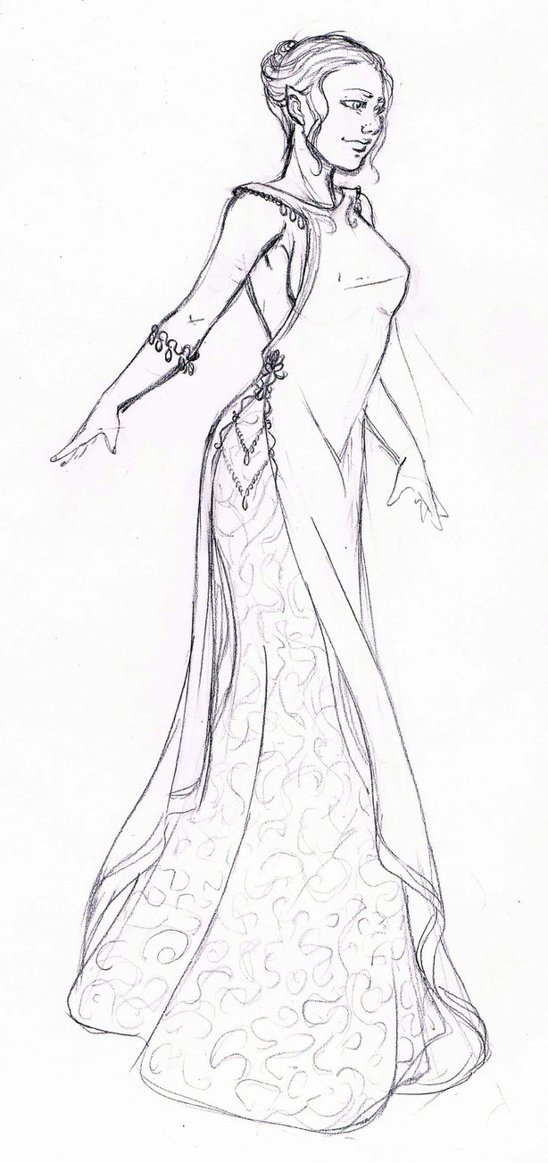 614x1302 Half Elf In Long Dress Sketch By Nitramsuomi - Long Dress Sketch