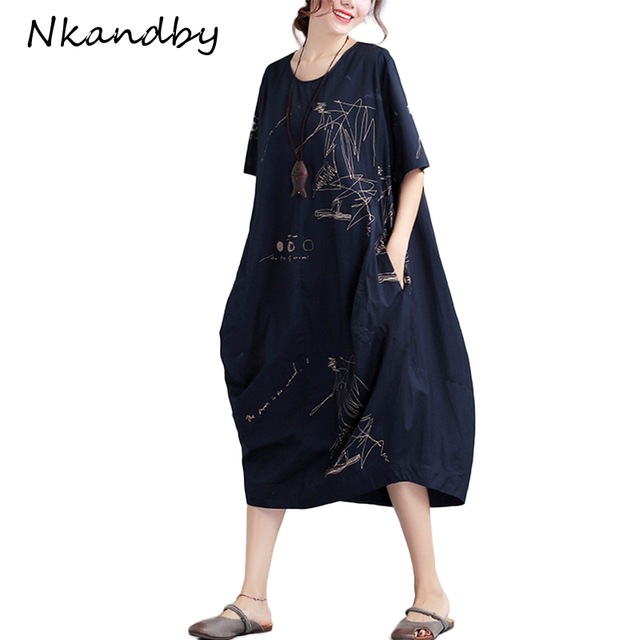640x640 Nkandby Plus Size Clothing Summer Women Casual Loose Short Sleeve - Long Dress Sketch