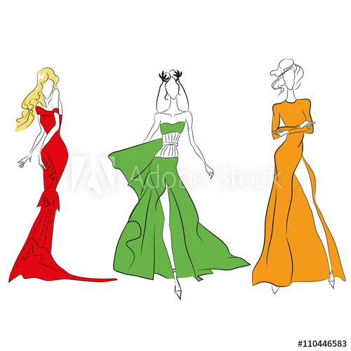 500x500 Vector Fashion Line Sketch. Set Of Vector Icons. Models Walking On - Long Dress Sketch