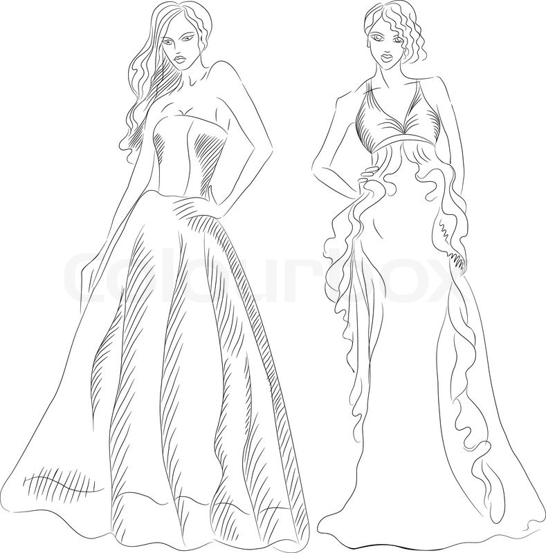 789x800 Black And White Sketch Of A Beautiful Young Girls With Long Hair - Long Dress Sketch