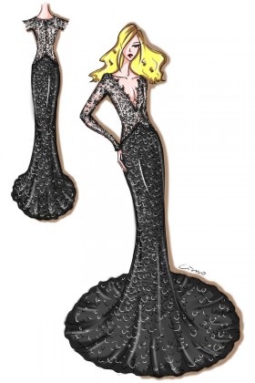 280x420 Black Lace And Sequin Long Sleeve Mermaid Prom Dress Sketch - Long Sketch