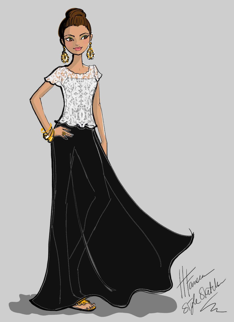 900x1238 How Should I Accessorize A Black Maxi Skirt And Lace Blouse - Long Skirt Sketch