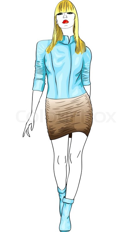 467x800 Color Sketch Of A Beautiful Fashion Young Blond Girl With Long - Long Skirt Sketch