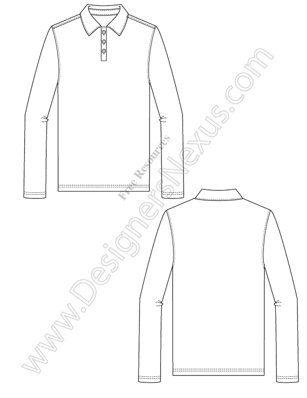612x792 V10 Mens Long Sleeve Polo Fashion Technical Flat Sketch - Long Sleeve Sketch