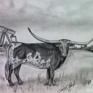 300x300 Longhorn With Calf Drawing By Tony Mccullough - Longhorn Sketch