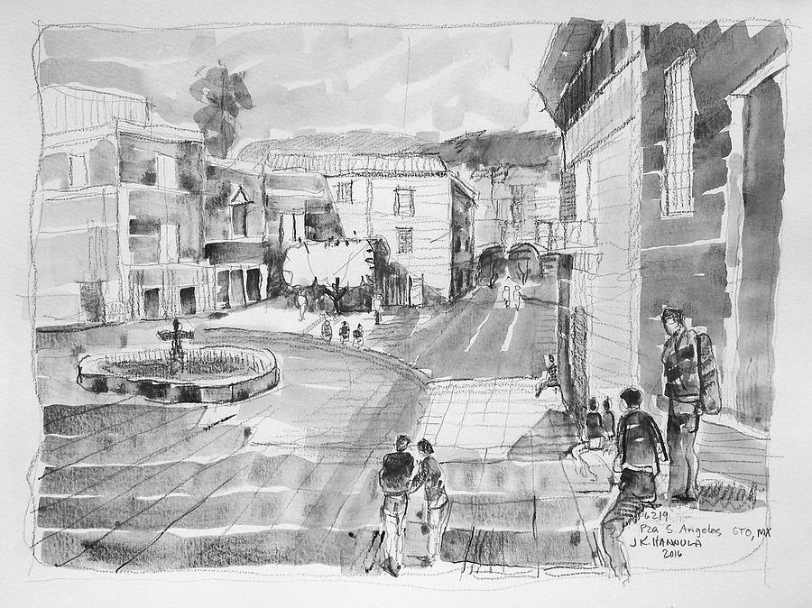 900x674 View From Plaza Los Angeles, Guanajuato Drawing By Jack Hannula - Los Angeles Sketch