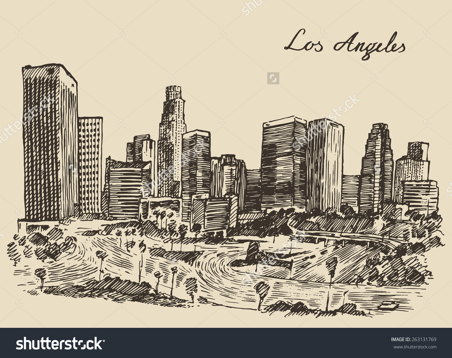 1500x1186 Stock Vector Los Angeles Skyline California Vintage Engraved - Los Angeles Sketch