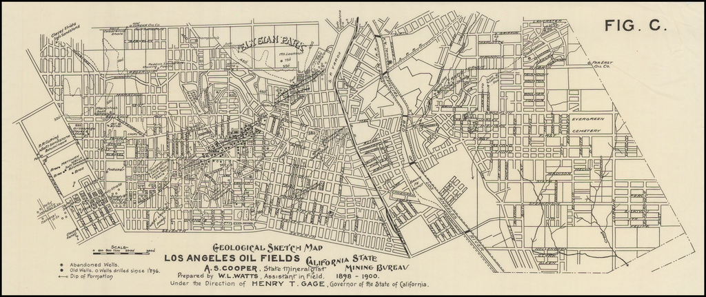 1024x431 Geological Sketch Map Los Angeles Oil Fields. California State - Los Angeles Sketch